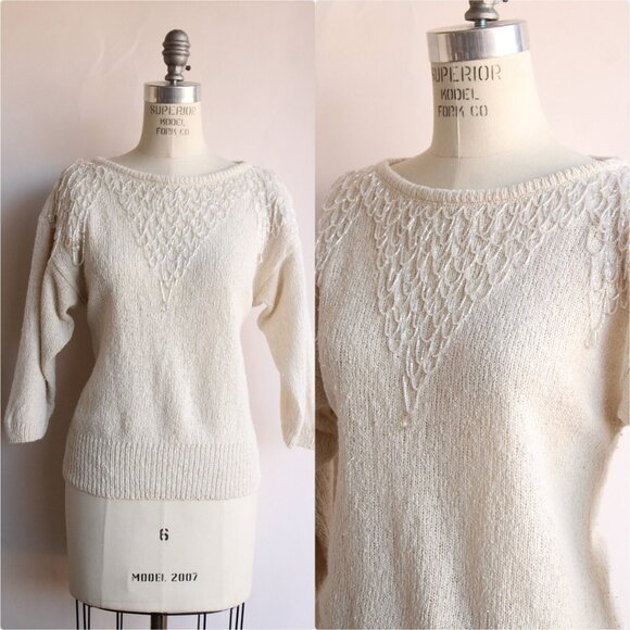 Vintage 1980s Sweater, Bonnie Boerer Ivory Pullover with Fringed Beading, - Picture 1 of 10